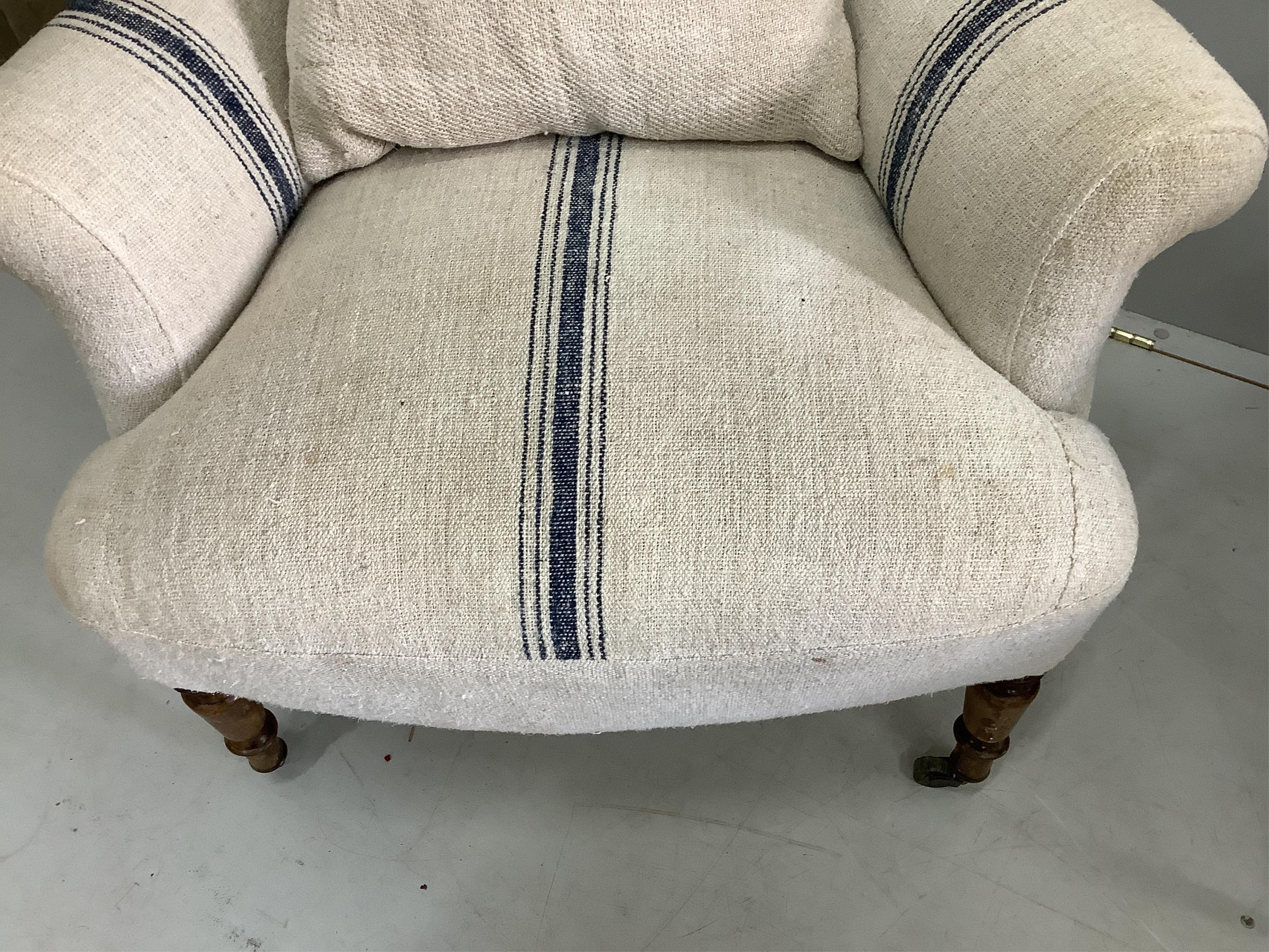 A pair of 19th century French armchairs, width 80cm, depth 70cm, height 92cm. Condition - fair